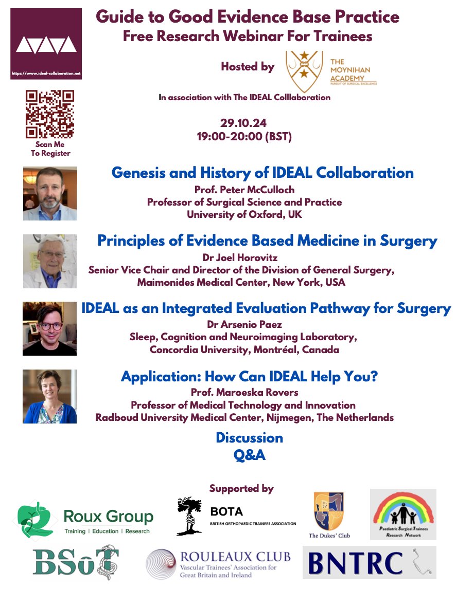 ASGBI Moynihan Academy (@asgbi_ma) on Twitter photo ***Free Research Webinar***
Guide to Good Evidence Base Practice
For surgical trainees across all specialities
Free to attend
In collaboration with the <a href="/IDEALCollab/">IDEAL Collaboration</a>
29th October 2024, 19:00
Sign up here: docs.google.com/forms/d/e/1FAI… ***Free Research Webinar***
Guide to Good Evidence Base Practice
For surgical trainees across all specialities
Free to attend
In collaboration with the <a href="/IDEALCollab/">IDEAL Collaboration</a>
29th October 2024, 19:00
Sign up here: docs.google.com/forms/d/e/1FAI…