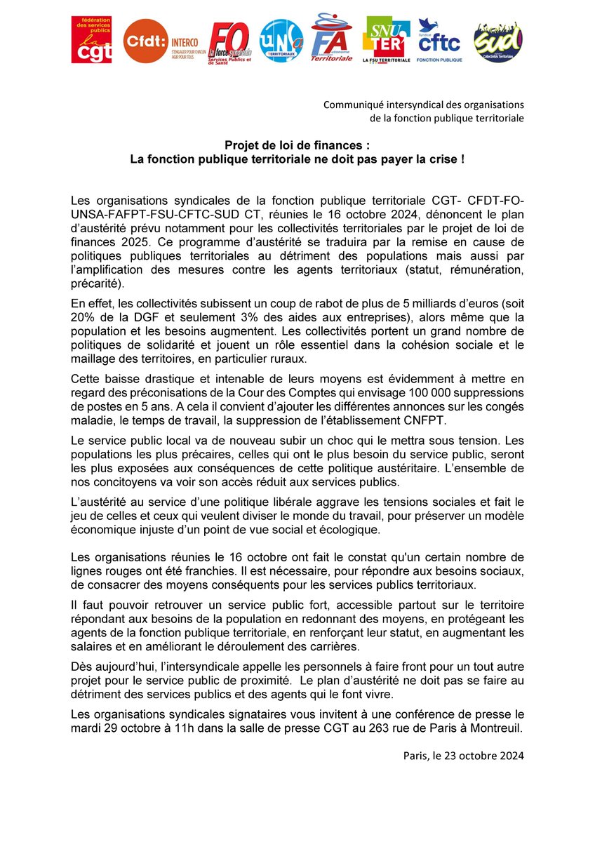 La FSU et les organisations syndicales de la fonction publique territoriale dénoncent le plan
d’austérité prévu pour les collectivités par le #PLF2025 au détriment des populations et des agents territoriaux.
Conférence de presse le
mardi 29 octobre à 11h dans la salle de presse