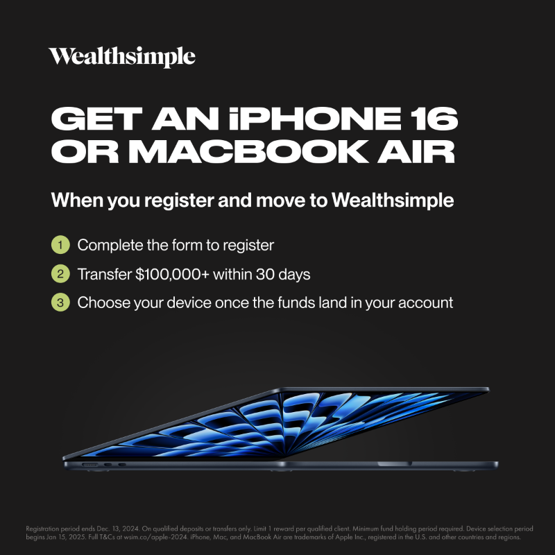 Wealthsimple's tweet photo. Laptop or phone? Take your pick and build your wealth by moving your money to Wealthsimple.
