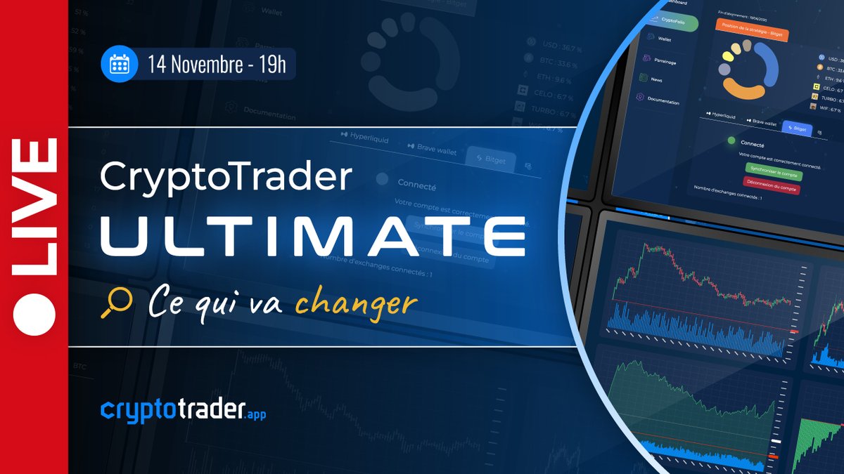 CryptoTraderOff's tweet photo. 🚨 Annonce Importante : CryptoTrader™ Ultimate est là ! 🚨

Après 2 ans de développement, nous avons déployé une mise à jour qui va changer beaucoup de choses.

➡️ Plus de cryptos
➡️ Plus de dynamisme
➡️ Plus de performances ! 🔥

➡️ Inscription ici : https://t.co/Qmn2QXxpeB

📅 Rendez-vous le jeudi 14 novembre à 19h pour une conférence spéciale où vous découvrirez tous les détails sur la mise à jour « Ultimate » et ce que ça va changer dans la gestion de votre patrimoine crypto.