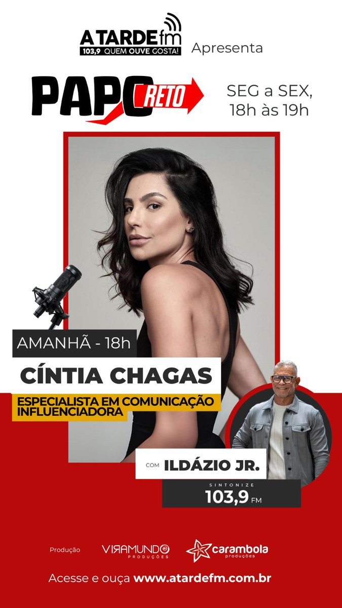 Amanhã teremos muito Papo Reto com Cintia Chagas , essa influencer que vêm revolucionando as redes sociais com sua personalidade forte e marcante ! #enjoy