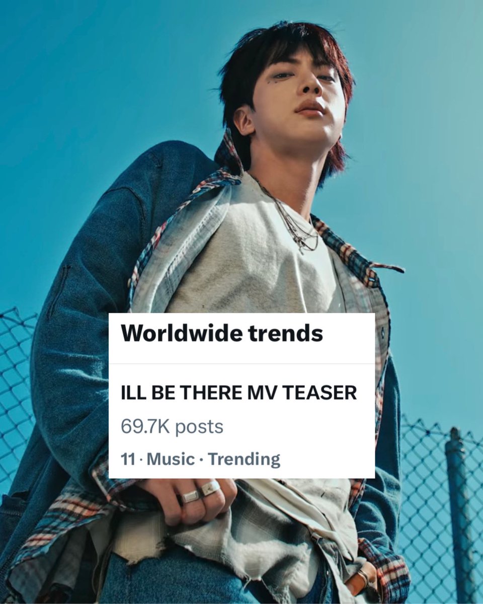 JP_Jinfanbase's tweet photo. ［#JinTrend］
世界トレンド#11 に
ILL BE THERE MV TEASER
が、入っています

日本ではweverseへのコメント後
ソーダ味がランクインしてます

#IllBeThere_D1 #Jin_IllBeThere 
#Jin_Happy https://t.co/5Zr3FR6XDR
