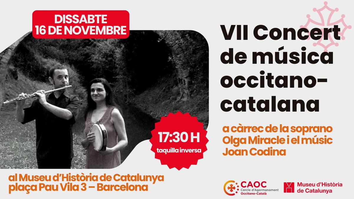 ☝️Reserva't la data!! 🎤"VII Concert de música occitano-catalana" a càrrec de la soprano Olga Miracle i el músic Joan Codina Vila 🪈🥁🎶

📆Dissabte, 16 de novembre de 2024
🕠17:30 h
📍Museu d'Història de Catalunya. Plaça de Pau Vila, 3, Barcelona
✨T'hi esperem!✨
