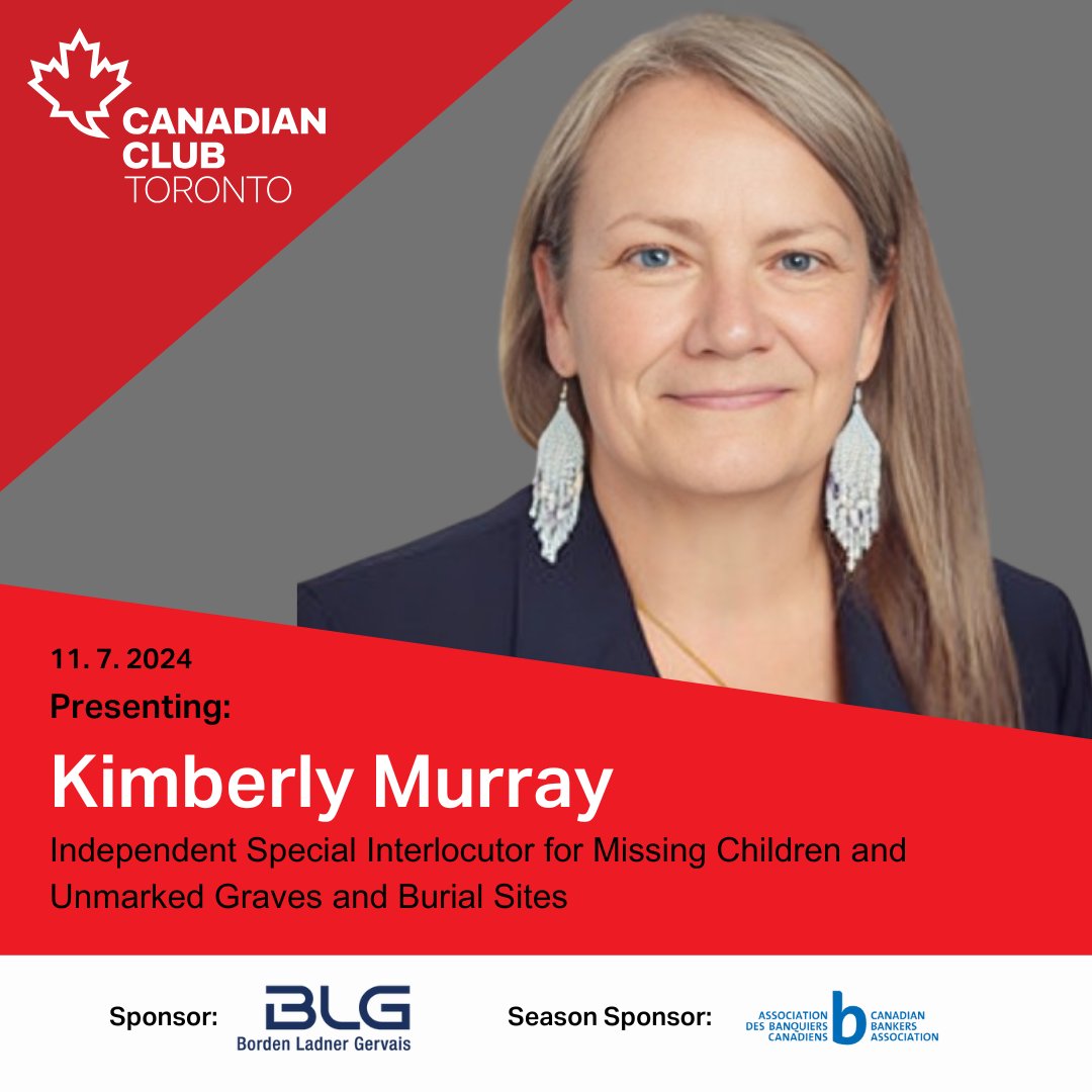 Join us on November 7 at the Canadian Club Toronto for a significant conversation with Kimberly Murray, Independent Special Interlocutor for Missing Children and Unmarked Graves and Burial Sites. shorturl.at/Z6vgg #reconciliation #equality #justice #community