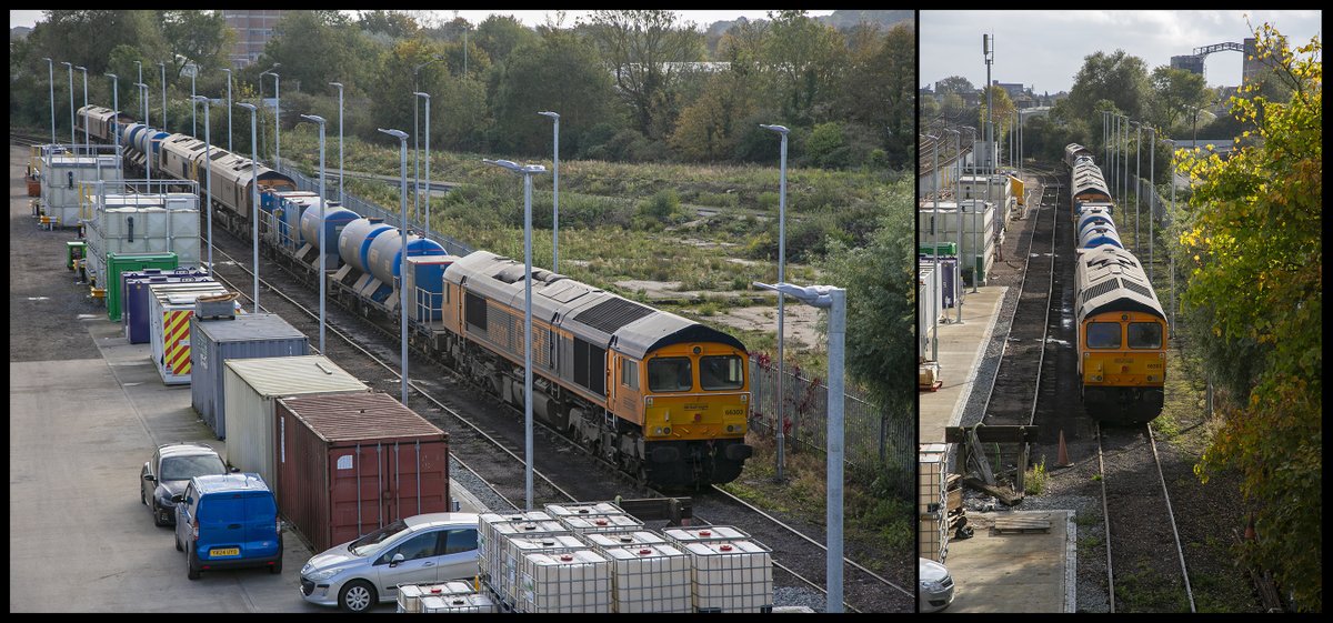 kwpartlow's tweet image. GBRf Class 66/3 No.66303 with No.66774 Sue Coles on an RHTT set at Stowmarket with No.66709 Sorrento and No.66776 Joanne on another set behind,23rd October 2024.#class66 #Stowmarket #RHTT