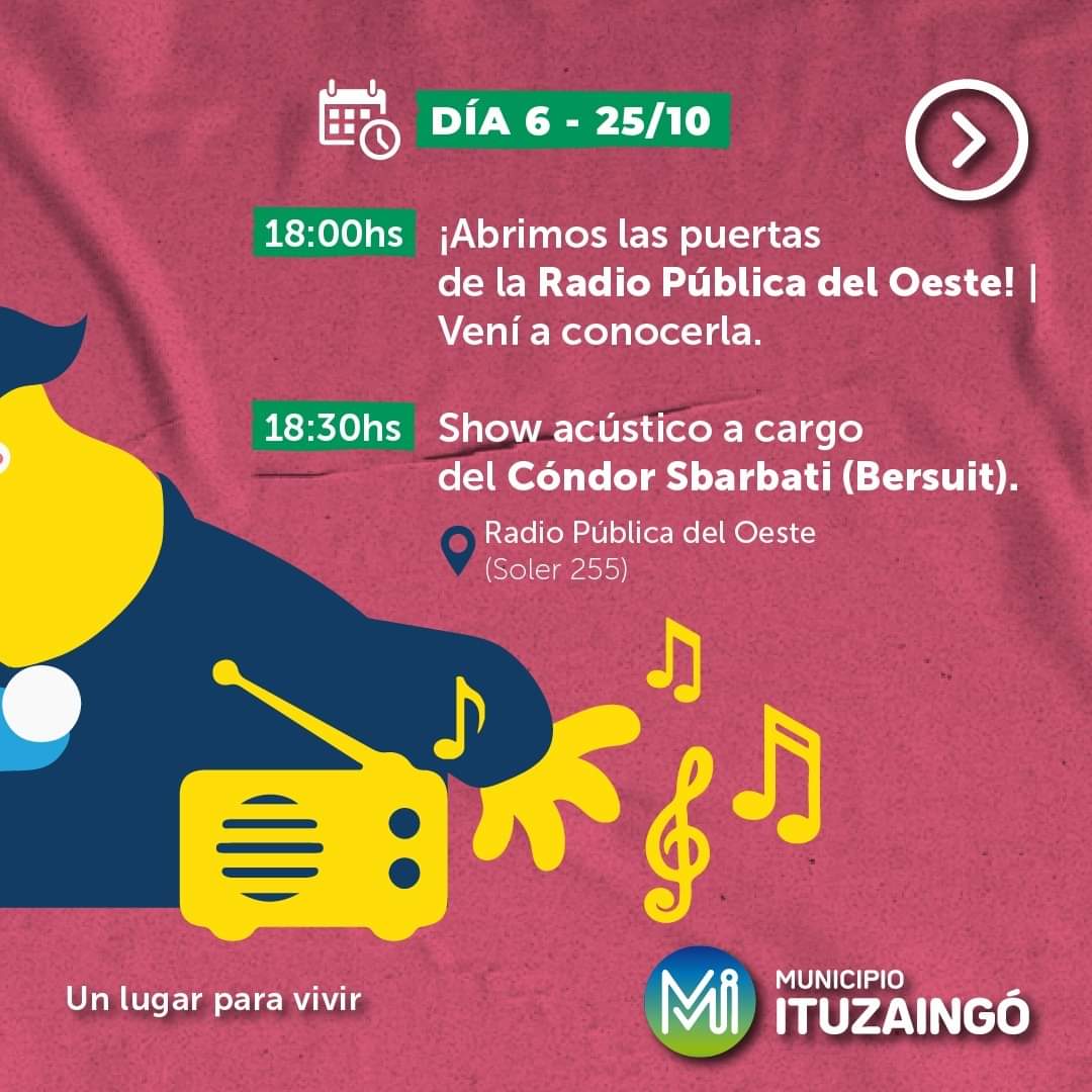 UdaondoG's tweet photo. ¡Celebramos juntos los 152 años de Ituzaingó! 

 Deslizá y conocé el cronograma completo>>>

 Para el evento del día 23/10 las entradas se retiran en el CCI (Mansilla 893), a partir del lunes 21 de octubre de 08.30 a 20hs. https://t.co/gfqsu6uQzj