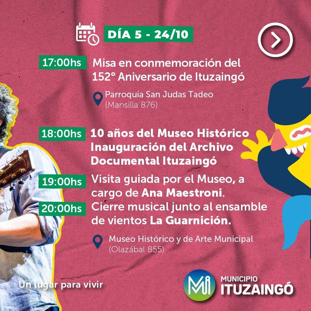 UdaondoG's tweet photo. ¡Celebramos juntos los 152 años de Ituzaingó! 

 Deslizá y conocé el cronograma completo>>>

 Para el evento del día 23/10 las entradas se retiran en el CCI (Mansilla 893), a partir del lunes 21 de octubre de 08.30 a 20hs. https://t.co/gfqsu6uQzj