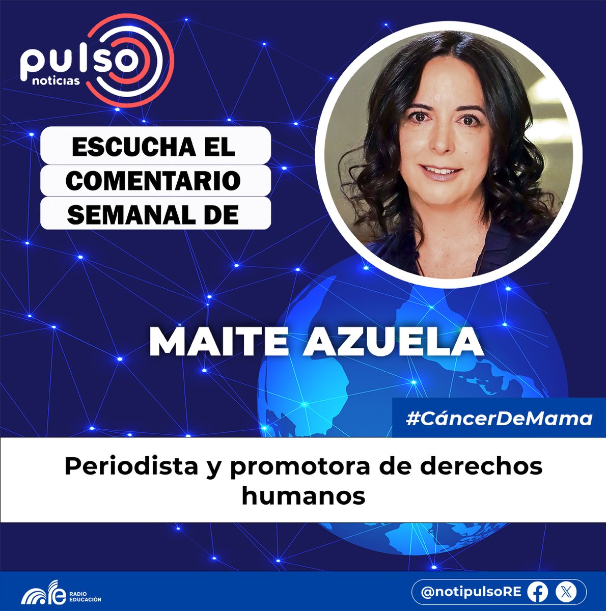notipulsoRE's tweet image. Este miércoles en #PulsoNoticias 🗞️ la Mtra. @maiteazuela, periodista y activista pro DDHH, nos habló sobre la detección del #CánceDeMama 

Escucha su columna ‘Derechos humanos en resonancia’ aquí ⬇️
e-radio.edu.mx/Noticiarios-pu…
