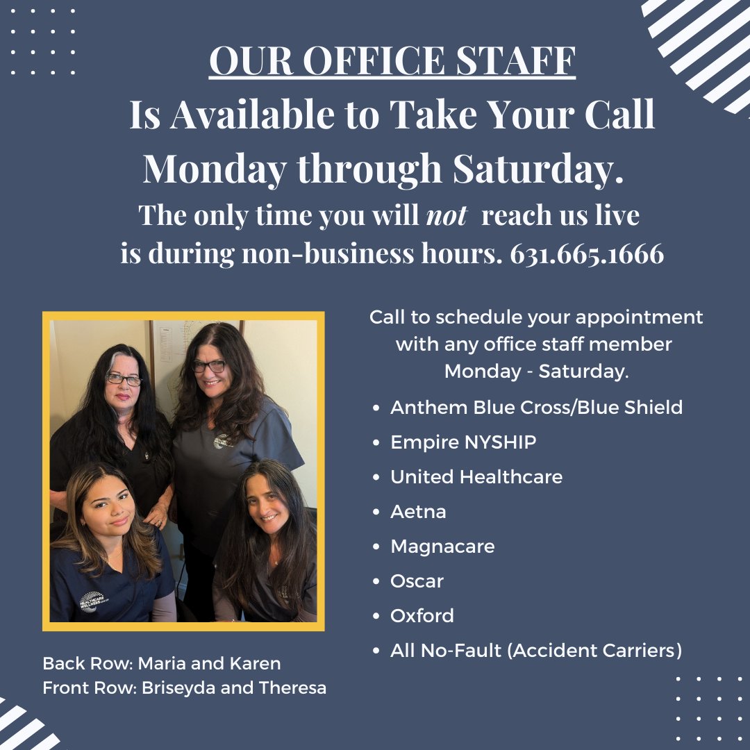 HealthcenterLI's tweet photo. The ONLY time your call will go to voicemail is when it is outside of our office hours or we are assisting another patient and will call you back momentarily.  

Our Treatment Hours:  Mon., Fri. Sat. - 9am - 4pm - and Tues., Wed., Thurs. -  9am - 6:30pm.  631.665.1666 https://t.co/tVPyMWRLIh