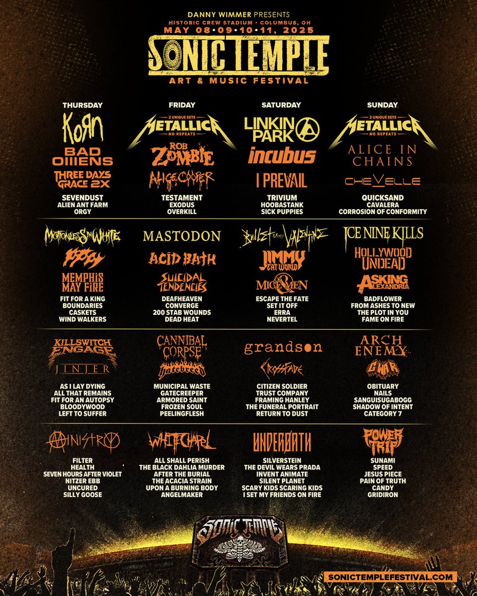 Sonic Temple Festival (@sonictemplefest) on Twitter photo LINEUP ANNOUNCEMENT: <a href="/SonicTempleFest/">Sonic Temple Festival</a> brings an iconic rock & metal lineup to <a href="/CrewStadium/">Historic Crew Stadium</a> in Columbus, Ohio on May 8-11. Experience 2 Unique Sets from <a href="/Metallica/">Metallica</a> plus @LINKINPARK, <a href="/Korn/">Korn</a>, <a href="/badomenscult/">BAD OMENS</a>, <a href="/IncubusBand/">Incubus</a>, <a href="/AliceInChains/">Alice in Chains</a>, <a href="/RobZombie/">Rob Zombie</a>, <a href="/threedaysgrace/">Three Days Grace</a> (reunited with LINEUP ANNOUNCEMENT: <a href="/SonicTempleFest/">Sonic Temple Festival</a> brings an iconic rock & metal lineup to <a href="/CrewStadium/">Historic Crew Stadium</a> in Columbus, Ohio on May 8-11. Experience 2 Unique Sets from <a href="/Metallica/">Metallica</a> plus @LINKINPARK, <a href="/Korn/">Korn</a>, <a href="/badomenscult/">BAD OMENS</a>, <a href="/IncubusBand/">Incubus</a>, <a href="/AliceInChains/">Alice in Chains</a>, <a href="/RobZombie/">Rob Zombie</a>, <a href="/threedaysgrace/">Three Days Grace</a> (reunited with