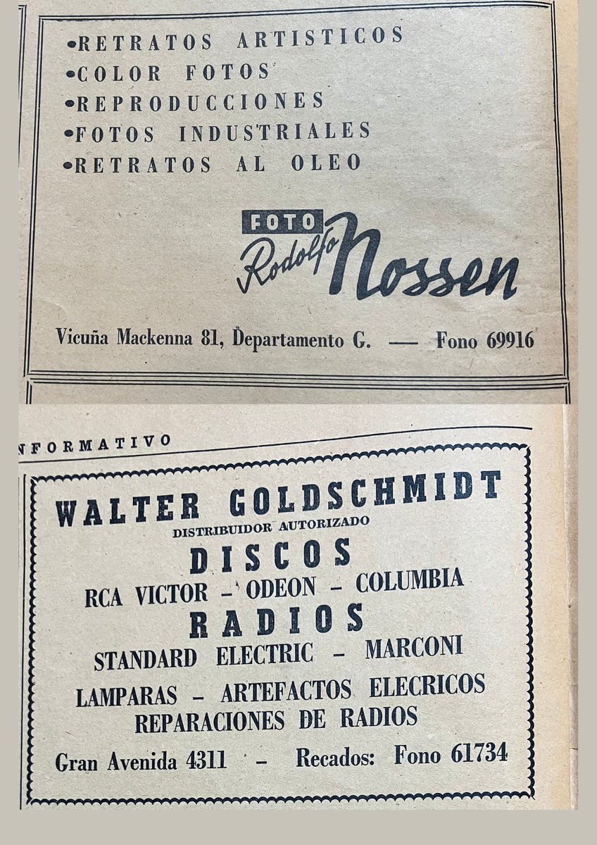 Avisos económicos publicados en "Boletín Informativo" de la Sociedad Cultural Israelita "B'ne Jisroel", septiembre 1950.     Catálogo del Archivo Judío de Chile, archivojudio.cl