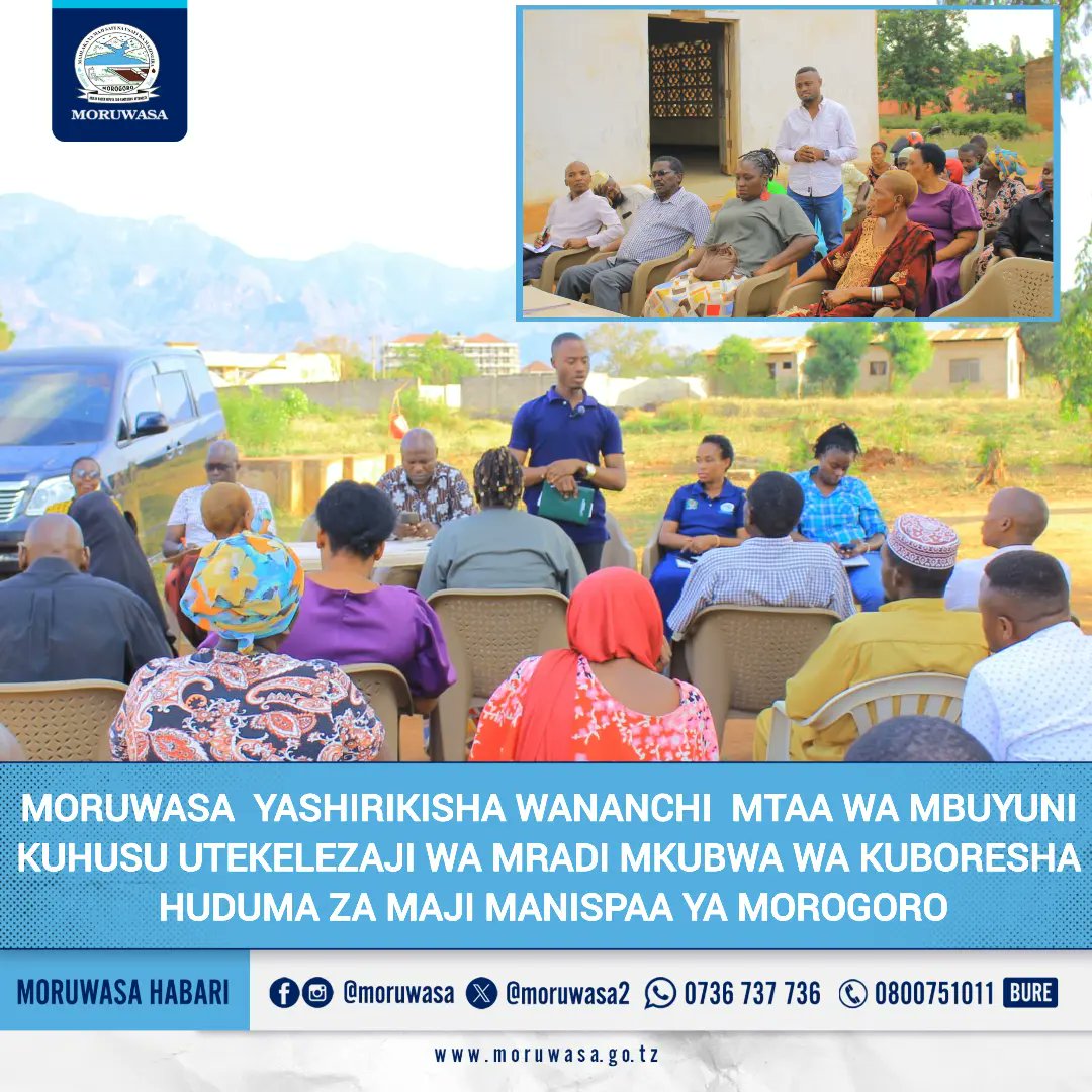 moruwasa2's tweet photo. Mamlaka ya Majisafi na Usafi wa Mazingira Morogoro (MORUWASA) imefanya kikao  na Wananchi wa Mtaa wa Mbuyuni kata ya Kihonda Maghorofani  kwa lengo la kuwashirikisha wananchi hao watakaonufaika  na Utekelezaji wa Mradi wa Uboreshaji wa Huduma za maji Manispaa ya Morogoro https://t.co/eS32qUECk0