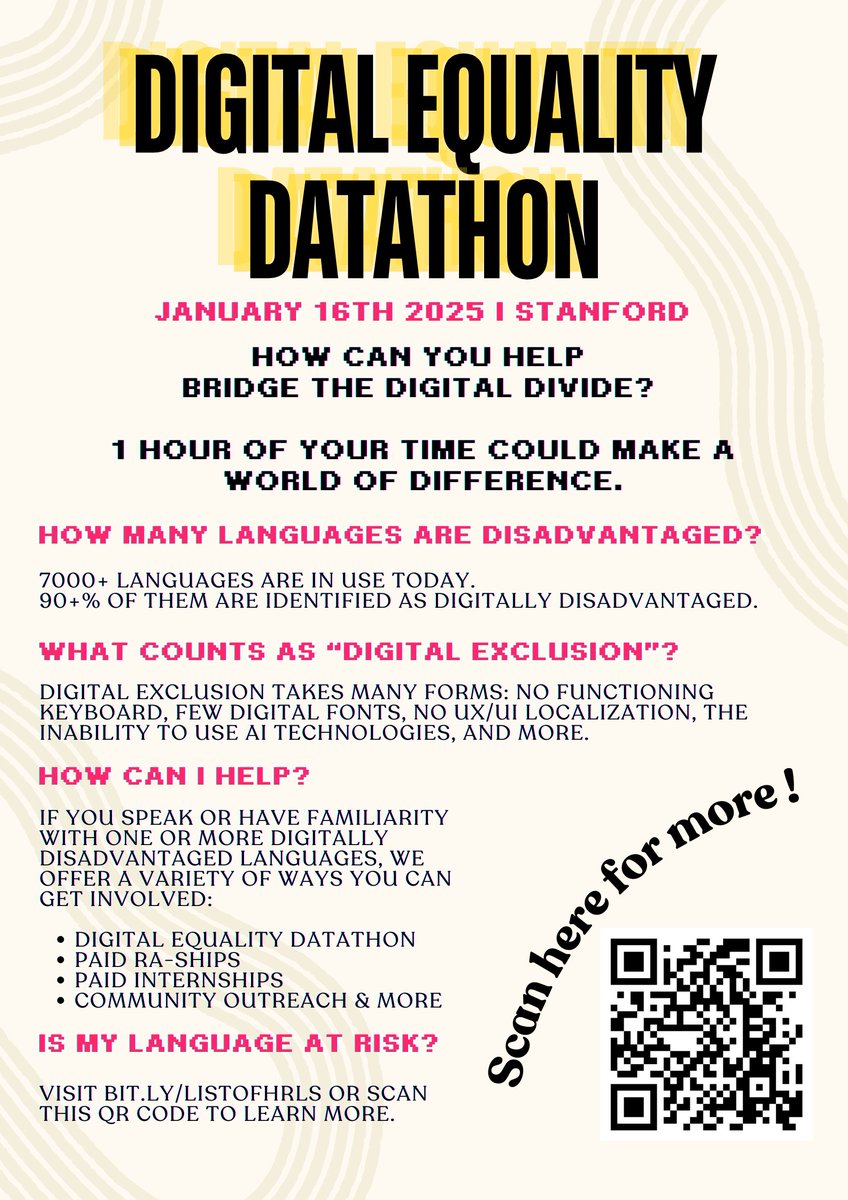 Do you speak a Digitally Disadvantaged Language? 
---
Ed. Note: So proud of my Stanford SILICON* students + excited for the Digital Equality Datathon they've designed. We're opening this to colleagues far beyond Stanford. /1 

docs.google.com/forms/d/e/1FAI…