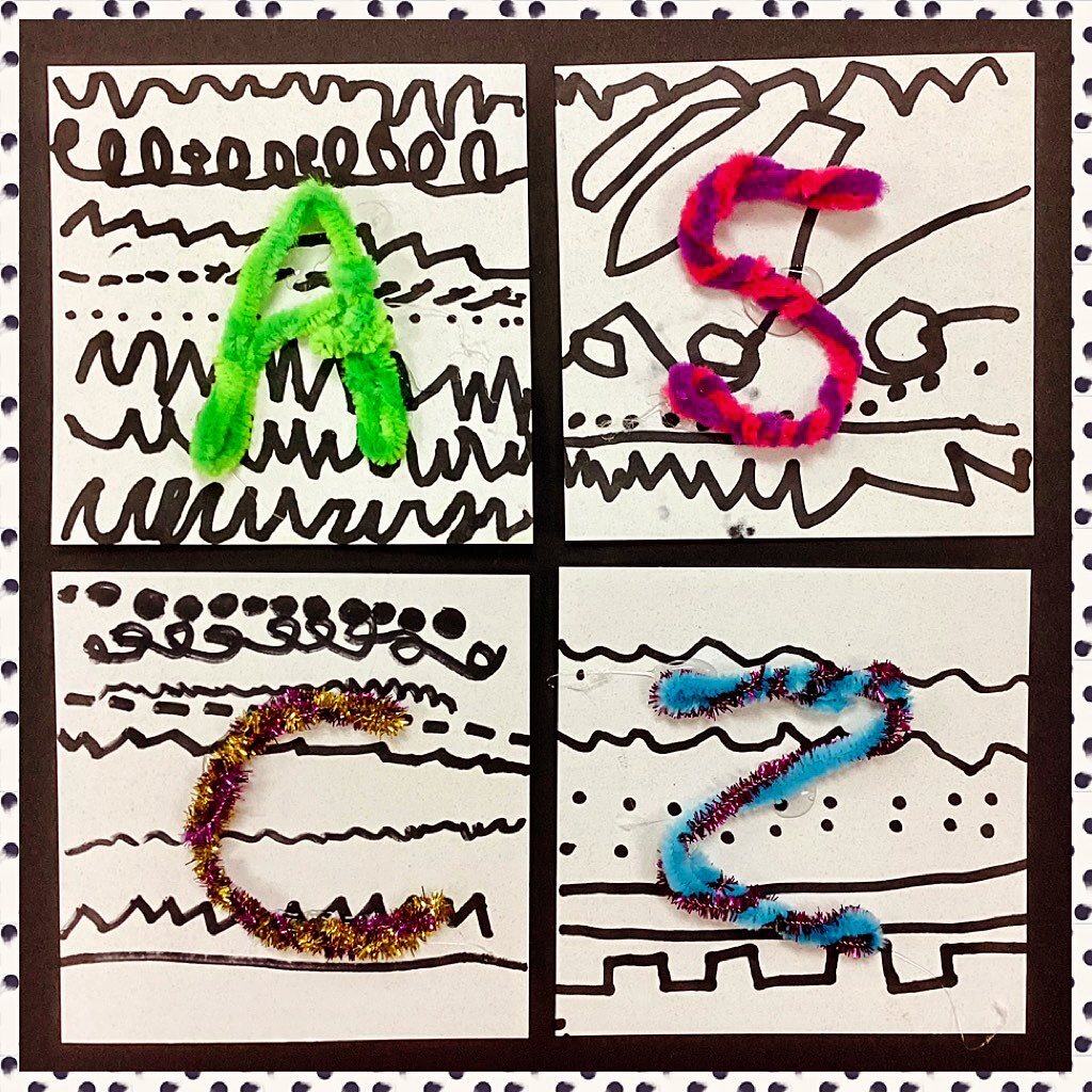 Kindergarten Line Monograms using twisted chenille stems and bold black markers.

#ElementaryArt #ArtInElementary #ArtEducation #KidsArtClass #ElementaryArtTeacher #PrimaryArt #ArtTeacherLife #ArtClassroom #InspireThroughArt #TeachingArt #ArtTeachersOfInstagram #VisualArtsEduca…