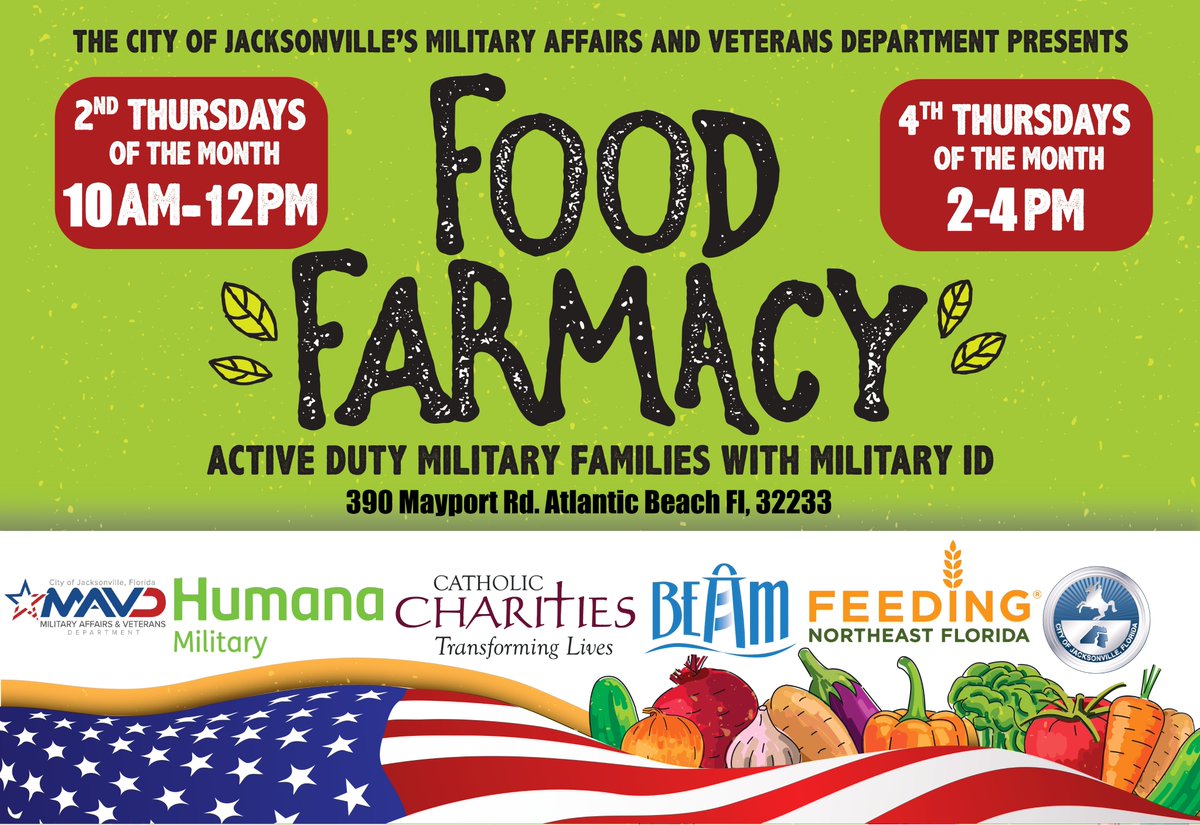 CityofJax's tweet image. Reminder: The Food Farmacy is tomorrow at 2pm. Our Military Affairs &amp;amp; Veterans Department hosts this free food distribution for active-duty military families with a valid military ID.

-2nd Thursday of each month: 10am-Noon  
-4th Thursday of each month: 2-4pm  
-390 Mayport Rd.