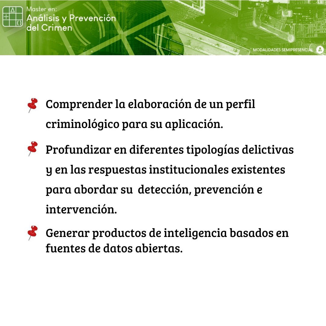 💡| ¿Te interesa saber qué podrás aprender en el Máster de Análisis y Prevención del Crimen?

📚 Esta semana te mostramos las competencias clave que adquirirás en este Máster que ofrece el Centro.

Para más información visita nuestra web oficial:
👉 crimina.umh.es/analisis-y-pre…