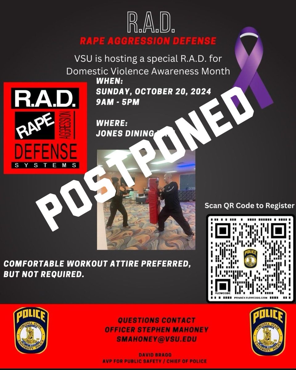R.A.D Training Postponed...
Be on the lookout for the new date.  
#vsupd
#VSUPolice