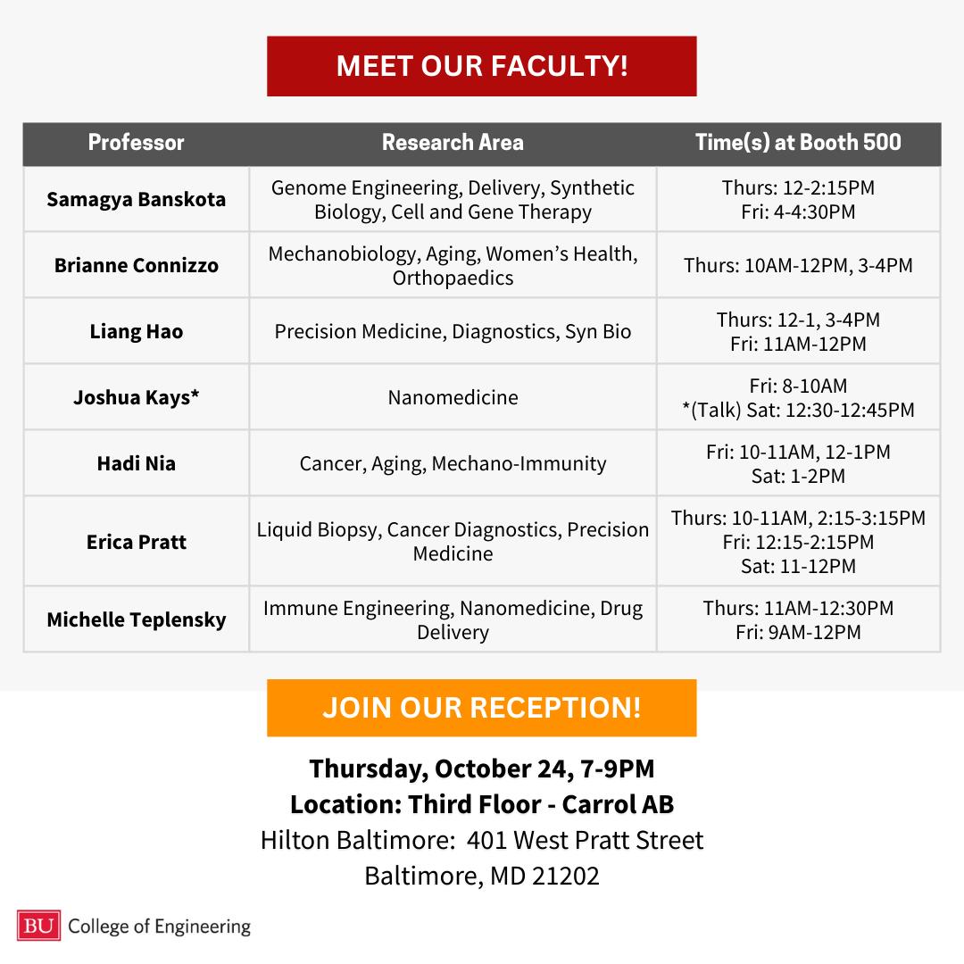 We're thrilled to be heading to BMES in Baltimore this week! Stop by the BU BME booth (#500) anytime during the conference to chat with our program officials about our degree offerings, research strengths, and student community. Several faculty members will also be available to