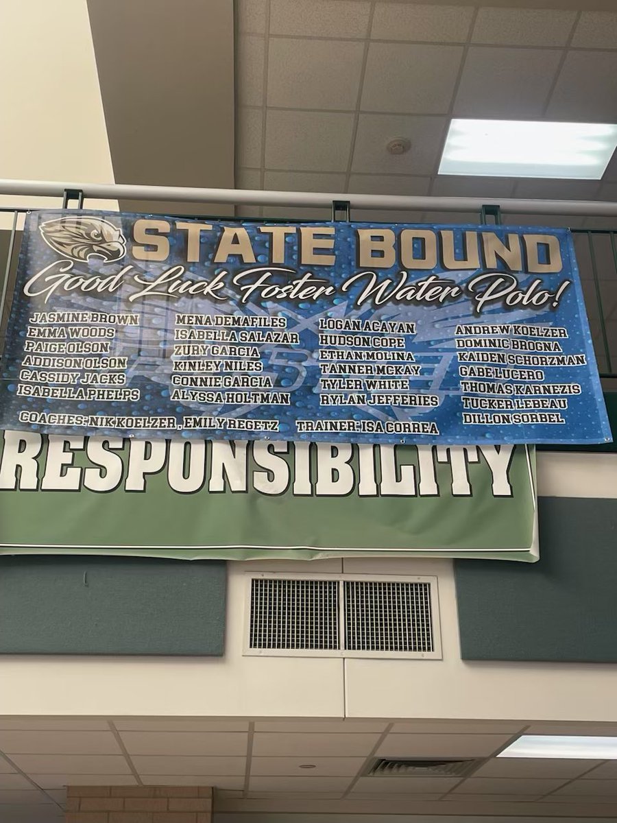 Proud of our waterpolo teams! Check out the new banner wishing the teams luck at State! Make sure to sign up your fellow Falcon waterpolo player luck this weekend! #ptn #fosterfalcons #fosterhs #waterpolo #statebound