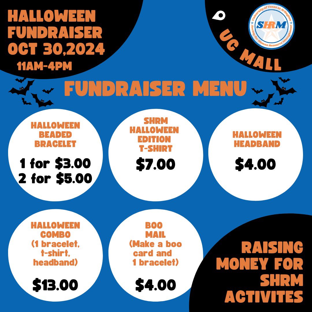 Good morning SHRMBoos and friends 👻 We are so excited to share our Halloween fundraiser will be next Wednesday 10.30.24 outside UC Mall! Stop by our table and purchase some spooky treats for you and your friends🎃