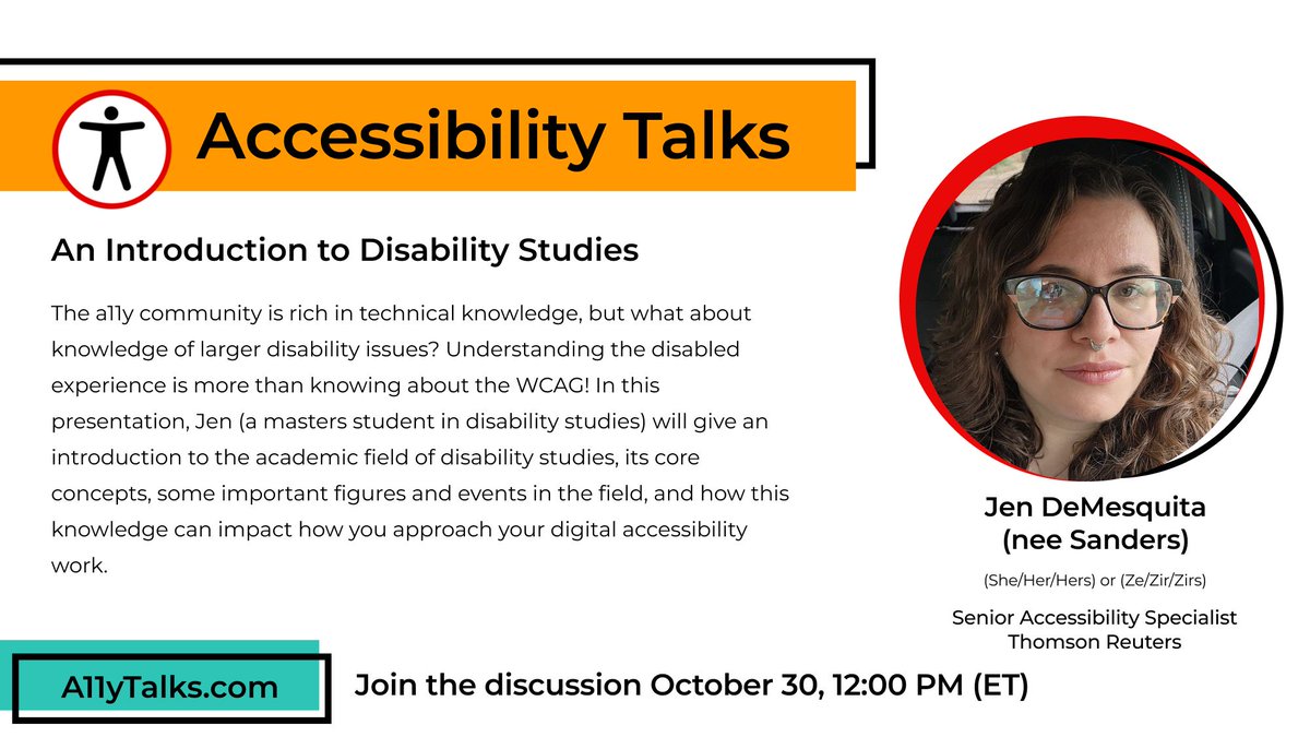 A11YTalks's tweet image. Join us next week at 12:00pm ET for “An Introduction to Disability Studies” with Jen DeMesquita (nee Sanders), Senior Accessibility Specialist at Thomson Reuters. 

a11ytalks.com/posts/2024-oct
#A11y #Accessibility #A11yTalks #DisabilityStudies #DigitalAccessibility