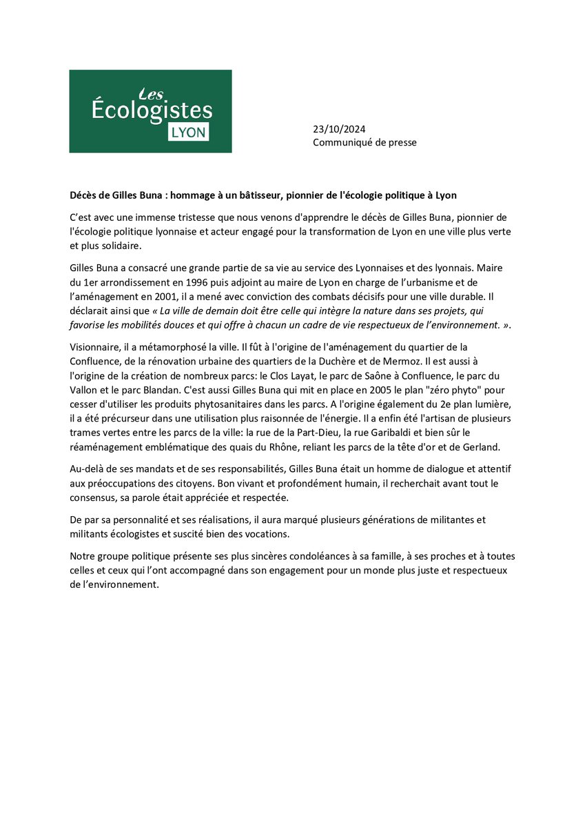 C’est avec une immense tristesse que nous avons appris le décès de Gilles Buna. Son engagement pour une ville plus verte, solidaire et respectueuse de l'environnement marquera nos mémoires. 
Nos pensées vont à sa famille et ses proches. 
#Lyon #Écologie #Urbanisme #Hommage