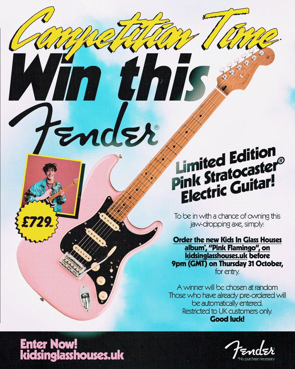 🎸 To be in with a chance of owning this jaw-dropping <a href="/Fender/">Fender</a> axe, simply: 

Order our new album, “Pink Flamingo”, on kidsinglasshouses.uk before 9pm (GMT) on Thursday 31 October, for entry.

🔎 Please see image for T&amp;C. Good luck! x