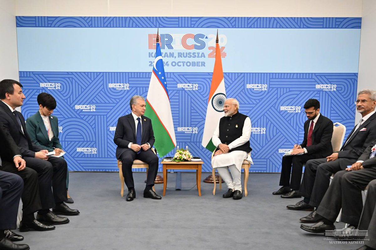 Shavkat Mirziyoyev's Press-service (@president_uz) on Twitter photo On the sidelines of the “#BRICS” summit, President Shavkat #Mirziyoyev held a meeting with the Prime Minister of the Republic of #India🇮🇳 <a href="/narendramodi/">Narendra Modi</a>
Special attention was paid to the implementation of programs and projects in the sphere of high technologies, AI, industry, On the sidelines of the “#BRICS” summit, President Shavkat #Mirziyoyev held a meeting with the Prime Minister of the Republic of #India🇮🇳 <a href="/narendramodi/">Narendra Modi</a>
Special attention was paid to the implementation of programs and projects in the sphere of high technologies, AI, industry,