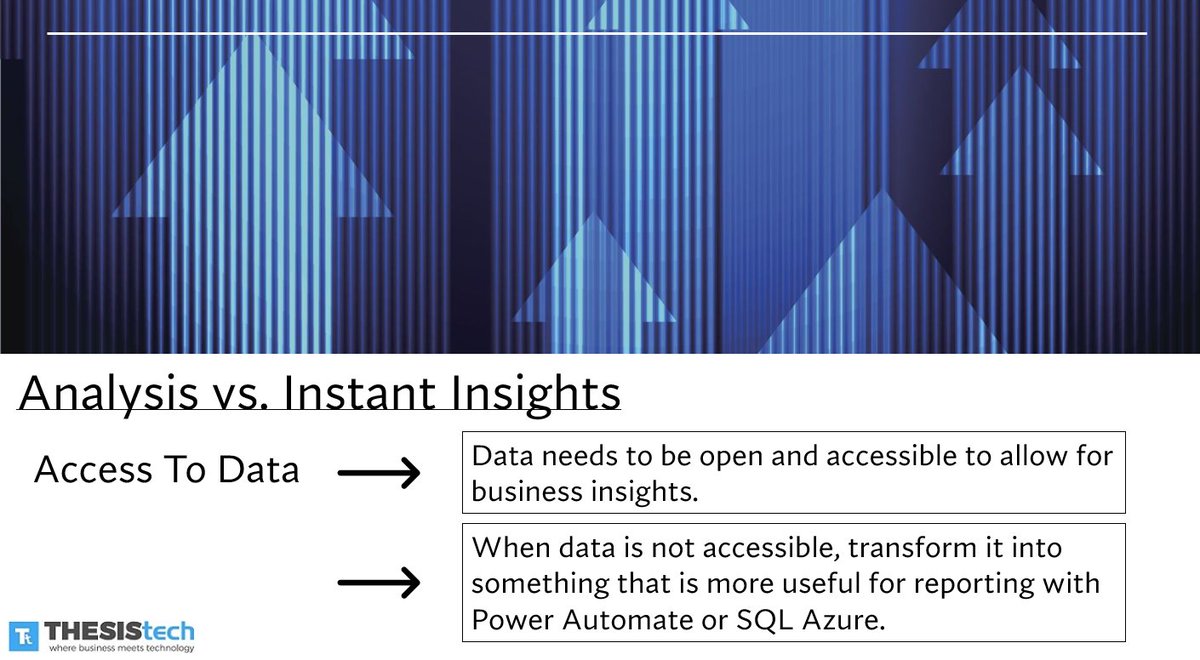 Analysis vs. Instant Insights
--Access to Data
Modern systems like D365 CRM and D365 Business Central ERP provide an open architecture that is perfect for developing real time data visualizations and reports.

#Dynamics365 #CRM #DataAnalysis

Full post:
thesistech.com/analysis-vs-in…