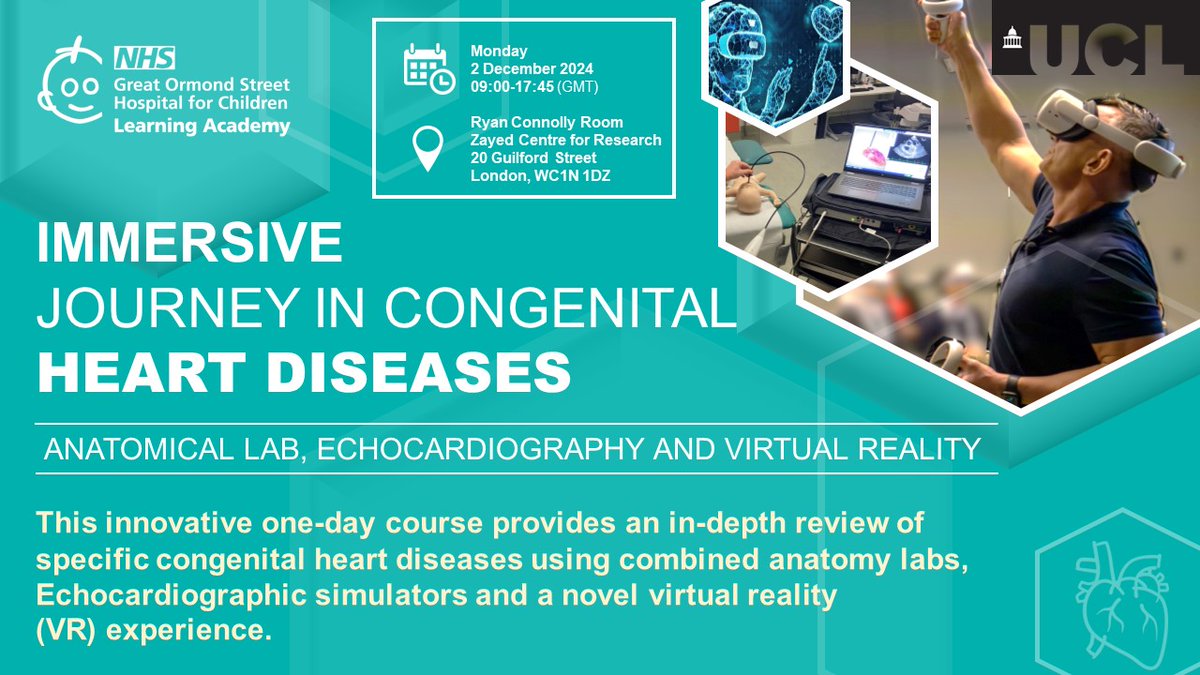 Explore congenital heart diseases in an innovative one-day course on 2 December, using combined anatomy labs, Echocardiographic simulators and cardiac morphology training through unique, immersive VR experiences.

Find out more and book: courses.gosh.org/event/immersiv…

#NHS #VR #VHearts