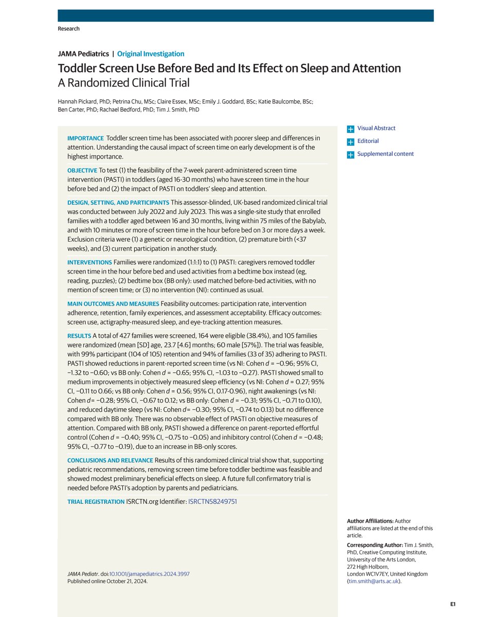 JAMA Pediatrics (@jamapediatrics) on Twitter photo RCT: Removing before-bed screen time among a sample of toddlers was associated with modest preliminary beneficial effects on sleep. ja.ma/3NwHu0u RCT: Removing before-bed screen time among a sample of toddlers was associated with modest preliminary beneficial effects on sleep. ja.ma/3NwHu0u