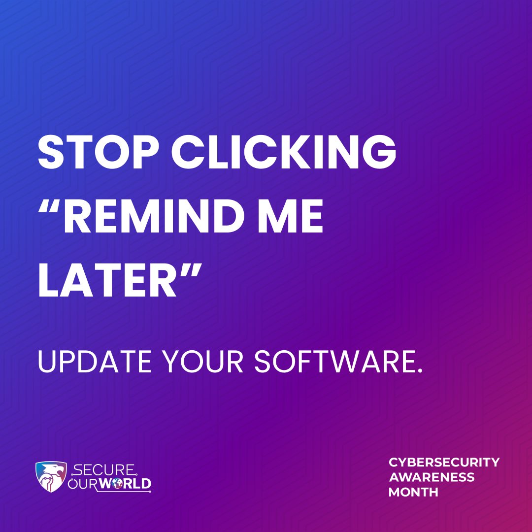 Let software updates do the heavy lifting for you. It’s that easy - by keeping your technology up-to-date, you’re getting the best security available! Learn more: staysafeonline.org/programs/cyber… #CybersecurityAwarenessMonth #SecureOurWorld