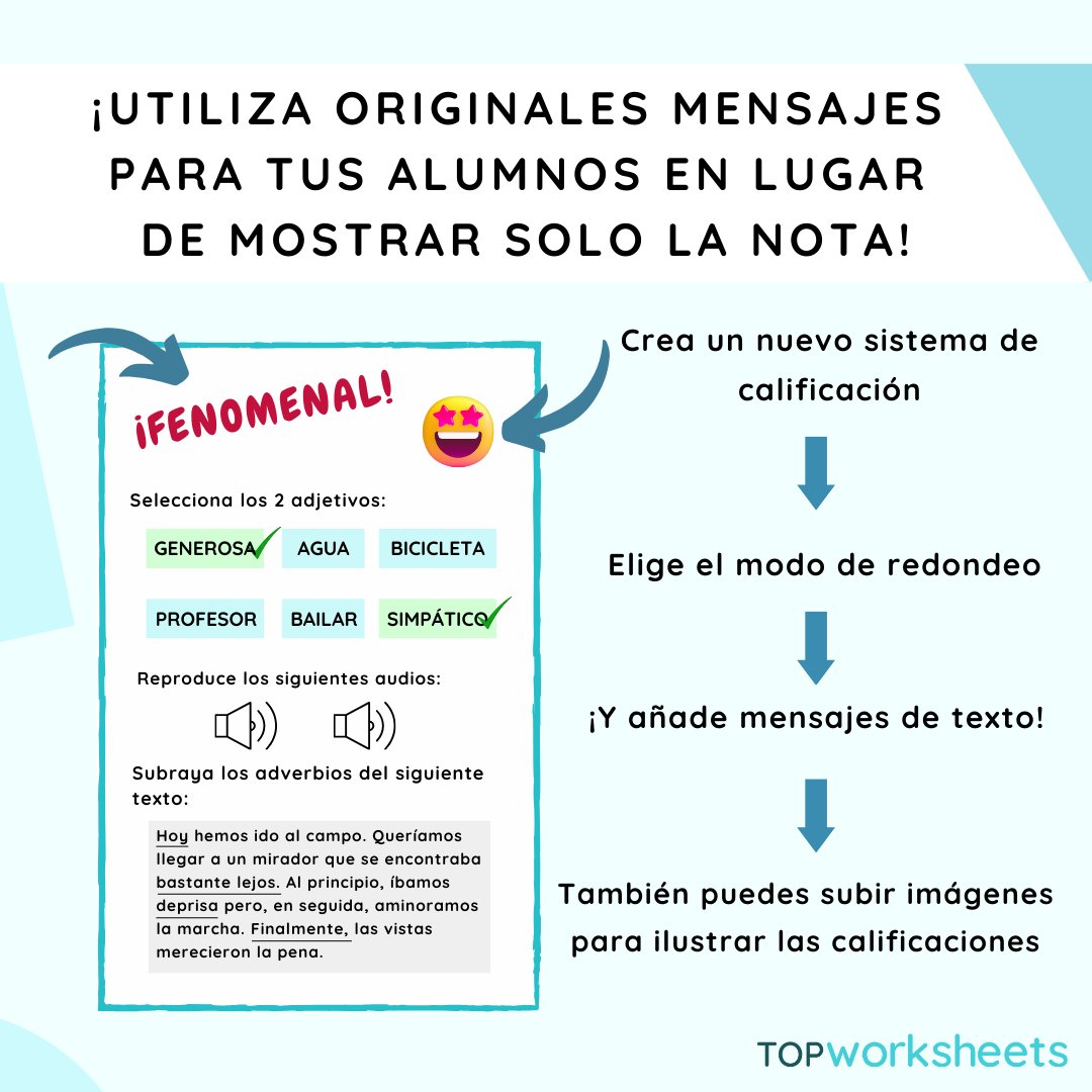 ¿Una simple nota numérica no es muy motivadora? 💯 Utiliza textos e imágenes para calificar a tus alumnos. Con nuestros sistemas de calificación es muy fácil mostrar mensajes e iconos a tus alumnos cuando finalizan las fichas 💪