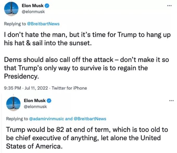 What does Putin have on Elon?
Elon said Trump was too old in 2022.