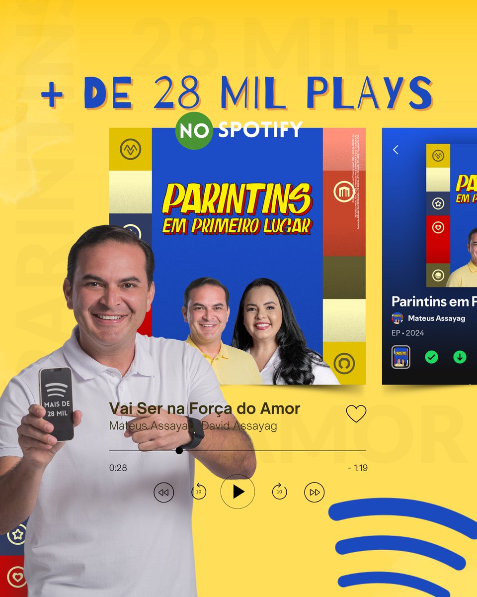 Nas urnas alcançamos mais de 28 mil votos e no Spotify atingimos mais de 28 mil plays 🎶💛

Qual foi o jingle que você mais ouviu durante a campanha? Deixe nos comentários! 

#MateusAssayag #Parintins2024 #Spotify