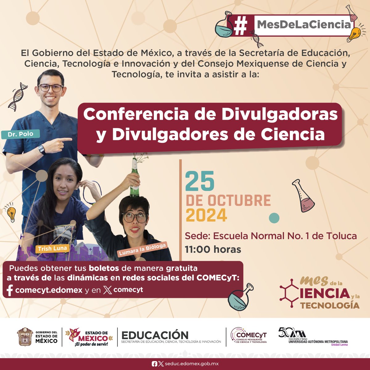 UIEMOficial's tweet image. #FamiliaUIEM
En este #MesDeLaCiencia, gana uno de los pases dobles para ver a Dr. Polo Guerrero, Trish Luna  y Lumara la Bióloga .
1. Sigue nuestras redes sociales (Facebook y X).
2. Envía screen shot de que nos sigues
3. Asiste por tus pases a nuestras instalaciones.