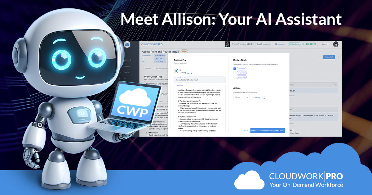 CloudworkPRO's tweet photo. Discover how Allison, our new AI-powered assistant, is transforming IT field services by automating work order creation. Learn More: https://t.co/ve8pLlpG2Q

#integrators #msp #managedservices #qsr #retail #telecom #fieldservices #digitalsignage #lowvoltage #accesscontrol https://t.co/26FX5UGVN7
