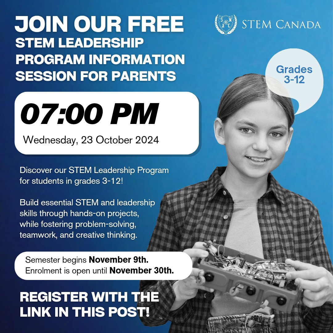 stem_canada's tweet photo. 🚨 Parents! Join our FREE virtual info session for the STEM Leadership Program TODAY, Oct 23 at 7 PM EST!

Learn how your child (grades 3-12) can build STEM &amp; leadership skills through hands-on projects. 🌟 

Register now: https://t.co/8mojlPpBdg 

#STEMEducation #STEMLeadership https://t.co/ElsHdqsNXp