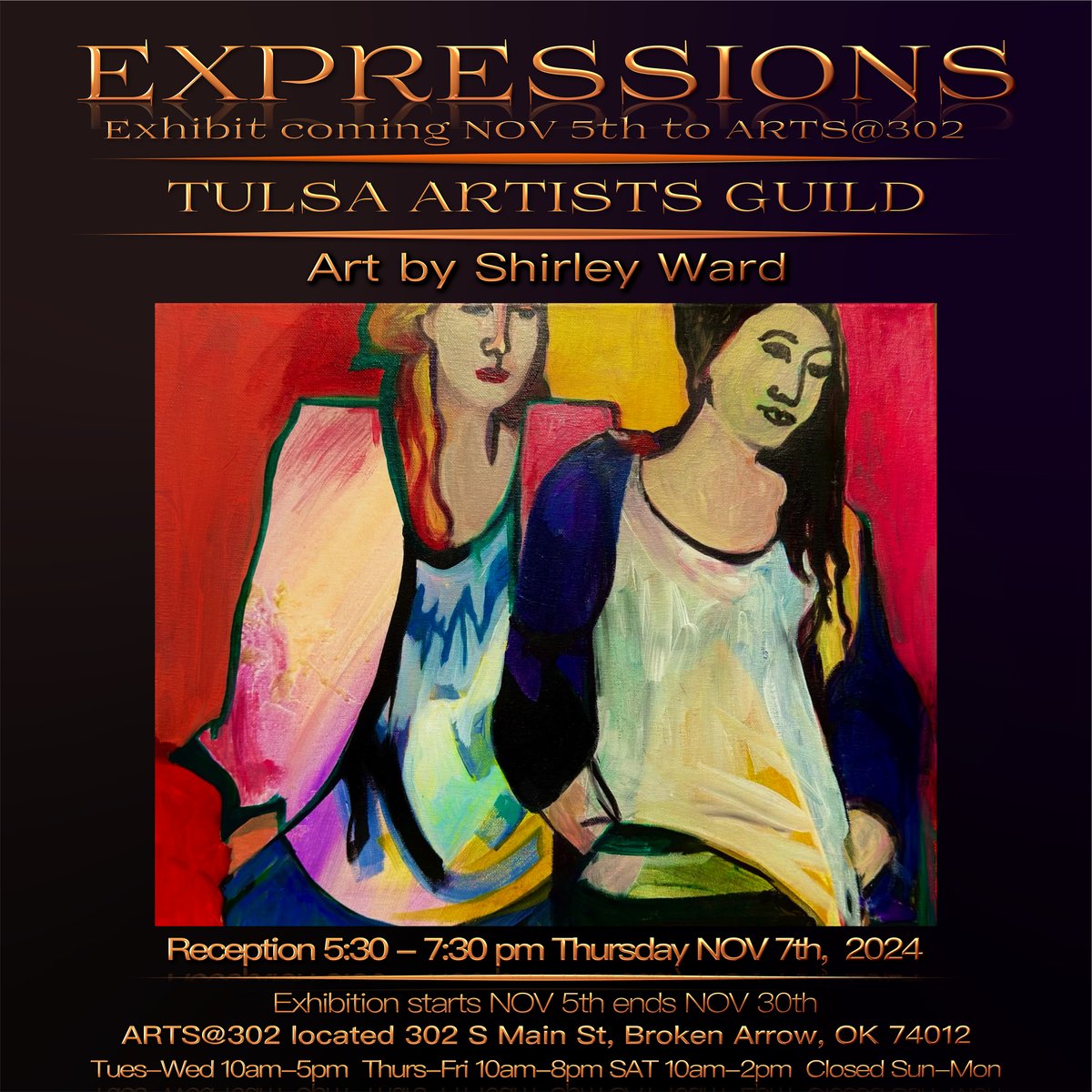 MARK YOUR CALENDAR! Tulsa Artists Guild’s EXPRESSIONS Exhibit is coming NOV 5th to ARTS@302 in Broken Arrow! Just n time 4 holiday gift buying season-give an original such as this painting by <a href="/ShirleyWard/">Shirley Ward</a>  along with art by 22 more TAG award-winning artists.