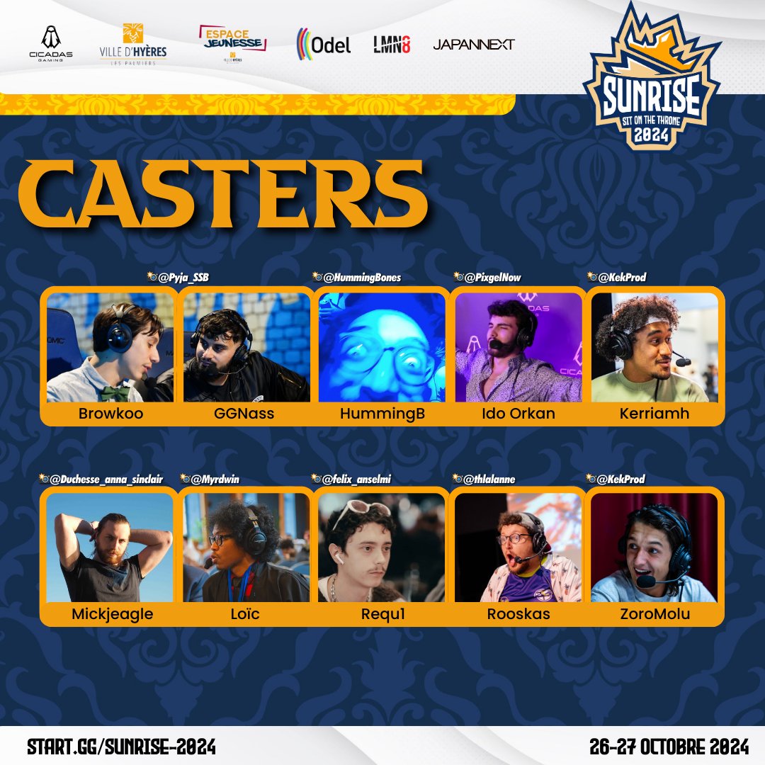 Sunrise_Lan's tweet photo. 🌅𝐒𝐔𝐍𝐑𝐈𝐒𝐄 𝟐𝟎𝟐𝟒🌅

Un mélange de talent de la région, nos rivaux d'Occitanie et nos ennemis Parisiens.

Notre line-up Casters va vous faire vibrer 🔥 https://t.co/Zd85EPWDDM