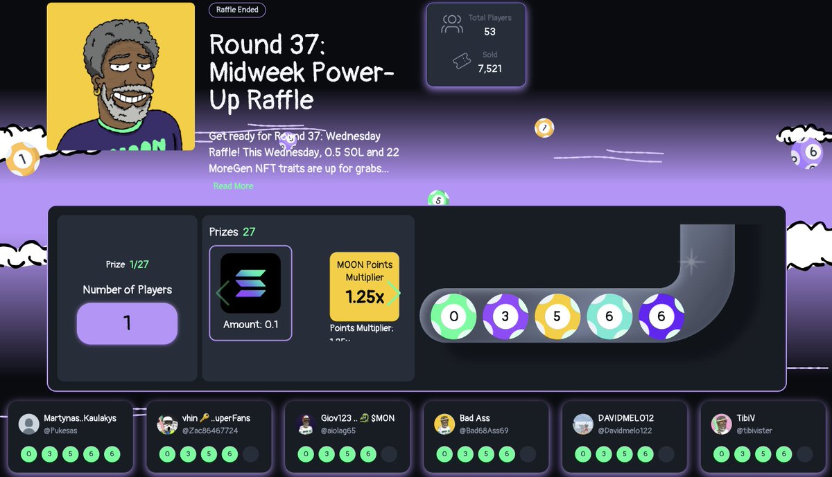 Happy Winning Wednesday 🥳 

Round 37 🎱 concluded with 27 prizes including: 

<a href="/Pukesas/">Pukelo</a> - 0.1 $SOL
<a href="/pipouA67703/">Cryptoast 💥</a> - 2 times 0.1 $SOL 
<a href="/tibivister/">TibiV</a> - 0.1 $SOL
<a href="/Jansson83/">Jansson $DOG $DMC</a> - 0.1 $SOL

<a href="/Mo12345583883/">molla burak</a> - 2 times 1.25x $MOON Points Multiplier  

Congrats to all winners 👏👏