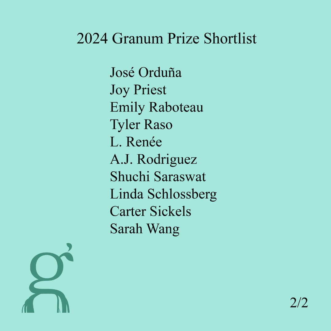 Granum Foundation (@granum_fdt) on Twitter photo We're delighted to announce the shortlist for the 2024 Granum Prize! We commend all the applicants on the longlist, each of whom demonstrated extraordinary talent. As we narrowed the pool of writers further for this round, we had to make tough decisions: tinyurl.com/ms2bnkur. We're delighted to announce the shortlist for the 2024 Granum Prize! We commend all the applicants on the longlist, each of whom demonstrated extraordinary talent. As we narrowed the pool of writers further for this round, we had to make tough decisions: tinyurl.com/ms2bnkur.