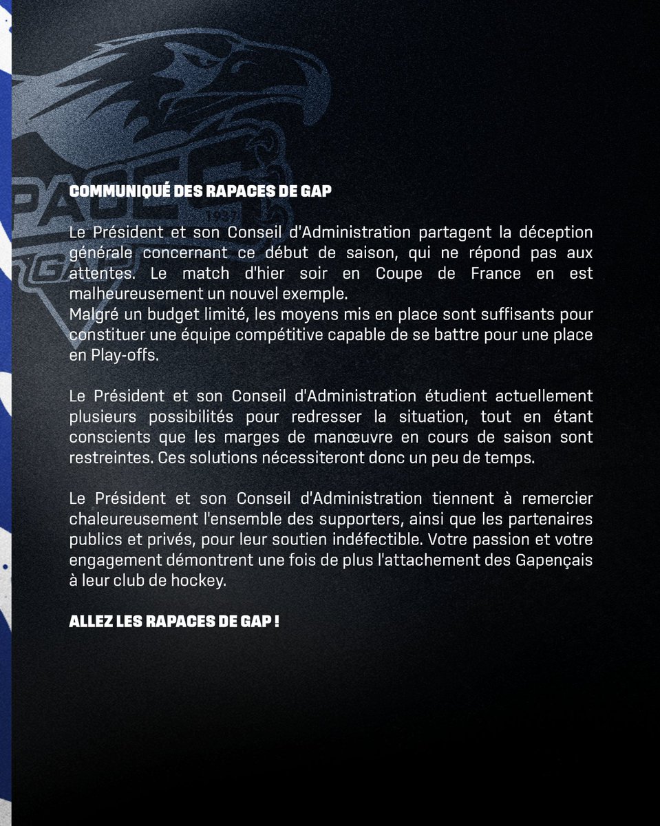 Lesrapacesdegap's tweet photo. Le Président et le Conseil d'Administration des Rapaces de Gap souhaitent vous adresser un message ⤵️

#wearerapaces https://t.co/rBAskOxQB9
