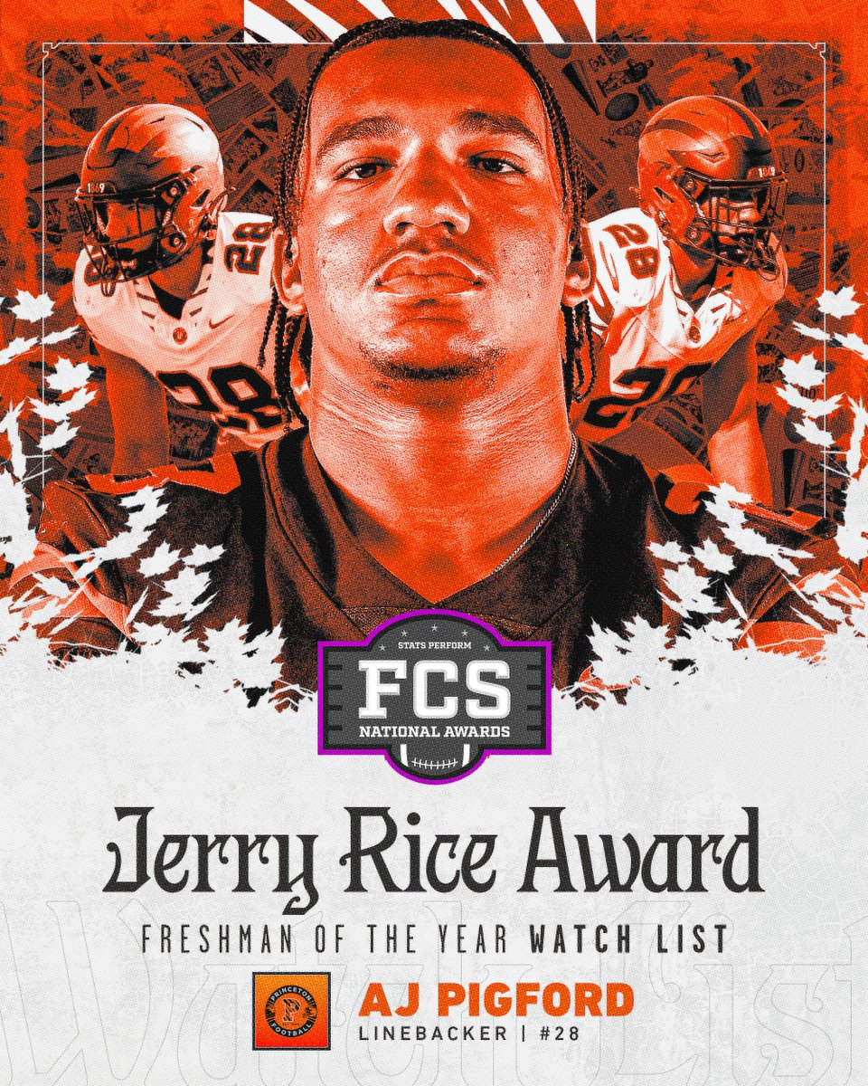 Princeton Football (@princetonftbl) on Twitter photo National Recognition.
<a href="/ajpigford/">AJ Pigford</a> is now on the <a href="/OptaAnalystFCS/">FCS Football</a> Jerry Rice Award Watch List.
shorturl.at/urskK
#JUICE ππ₯€ National Recognition.
<a href="/ajpigford/">AJ Pigford</a> is now on the <a href="/OptaAnalystFCS/">FCS Football</a> Jerry Rice Award Watch List.
shorturl.at/urskK
#JUICE ππ₯€