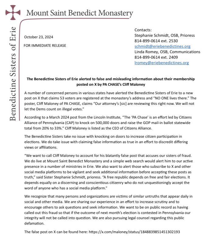 AlbanyMuskrat (@albanymuskrat) on Twitter photo The Benedictine Nuns in Erie up the anti about false claims by <a href="/Mahoney/">Mike Mahoney</a> (Cliff Mahoney) they are committing voter fraud. They are contemplating legal action. Here’s the Sisters’ press release. Go SISTERS! ❤️❤️🇺🇸🇺🇸 The Benedictine Nuns in Erie up the anti about false claims by <a href="/Mahoney/">Mike Mahoney</a> (Cliff Mahoney) they are committing voter fraud. They are contemplating legal action. Here’s the Sisters’ press release. Go SISTERS! ❤️❤️🇺🇸🇺🇸