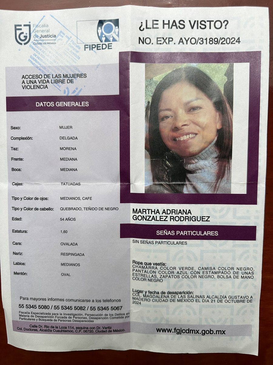 Mi prima está desaparecida. Ayúdenme a difundir, por favor.
El ultimo lugar donde se vio fue en el Restaurante Giornale en Parque Lindavista, Gustavo A Madero, CDMX