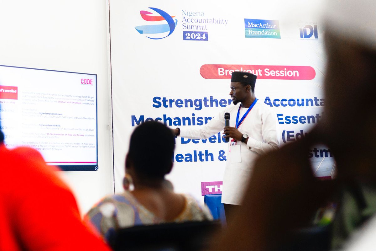 <a href="/Connected_dev/">Connected Development [CODE]</a>'s side event (Breakout Session) at the #NigeriaAccountabilitySummit 2024 on Strengthening Accountability Mechanisms in the Essential Pillars of Development (Eduaction, Health &amp; Social Investment)
I led a presentation on the state of Basic Education &amp; Health report