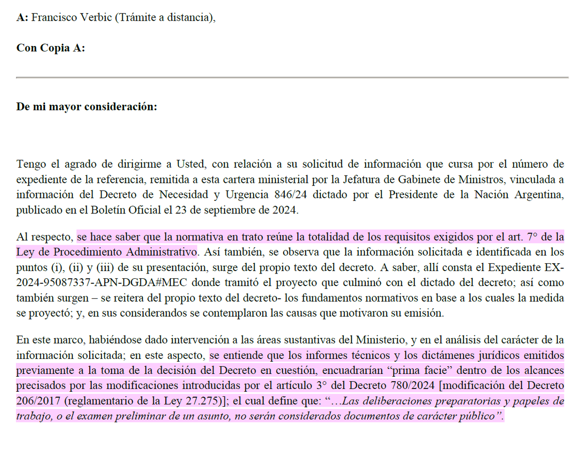 CONFIRMADO OFICIALMENTE POR EL MINISTERIO DE ECONOMÍA 

Las modificaciones del Dec. 780/2024 a la reglamentación de la Ley de Acceso a la Información pública 27.275 buscan impedir el acceso de la ciudadanía a los expedientes administrativos. 

Un escándalo, por decir lo menos.