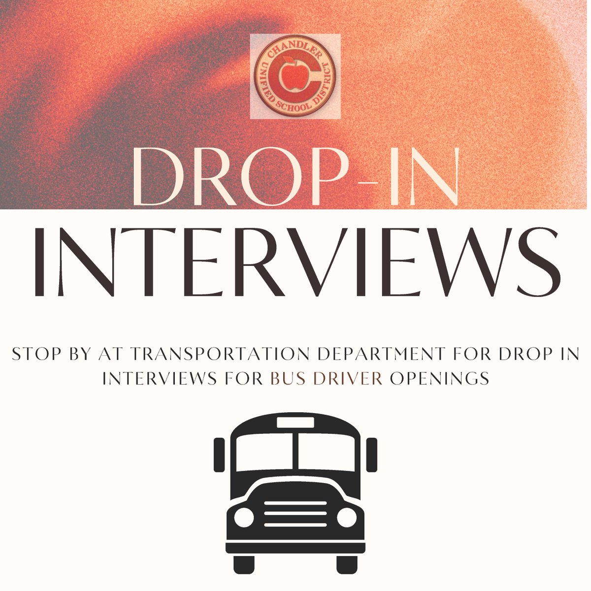 ChandlerUnified's tweet image. Every Thursday CUSD Transportation hosts on-the-spot interviews for full-time school bus drivers. Apply at cusd80.com/apply; bring a resume. Noon - 3 p.m.
📍 3750 S Centre Pointe Parkway
❓ berisha.ariana@cusd80.com or call 480-424-8642. #WeAreChandlerUnified #NowHiring