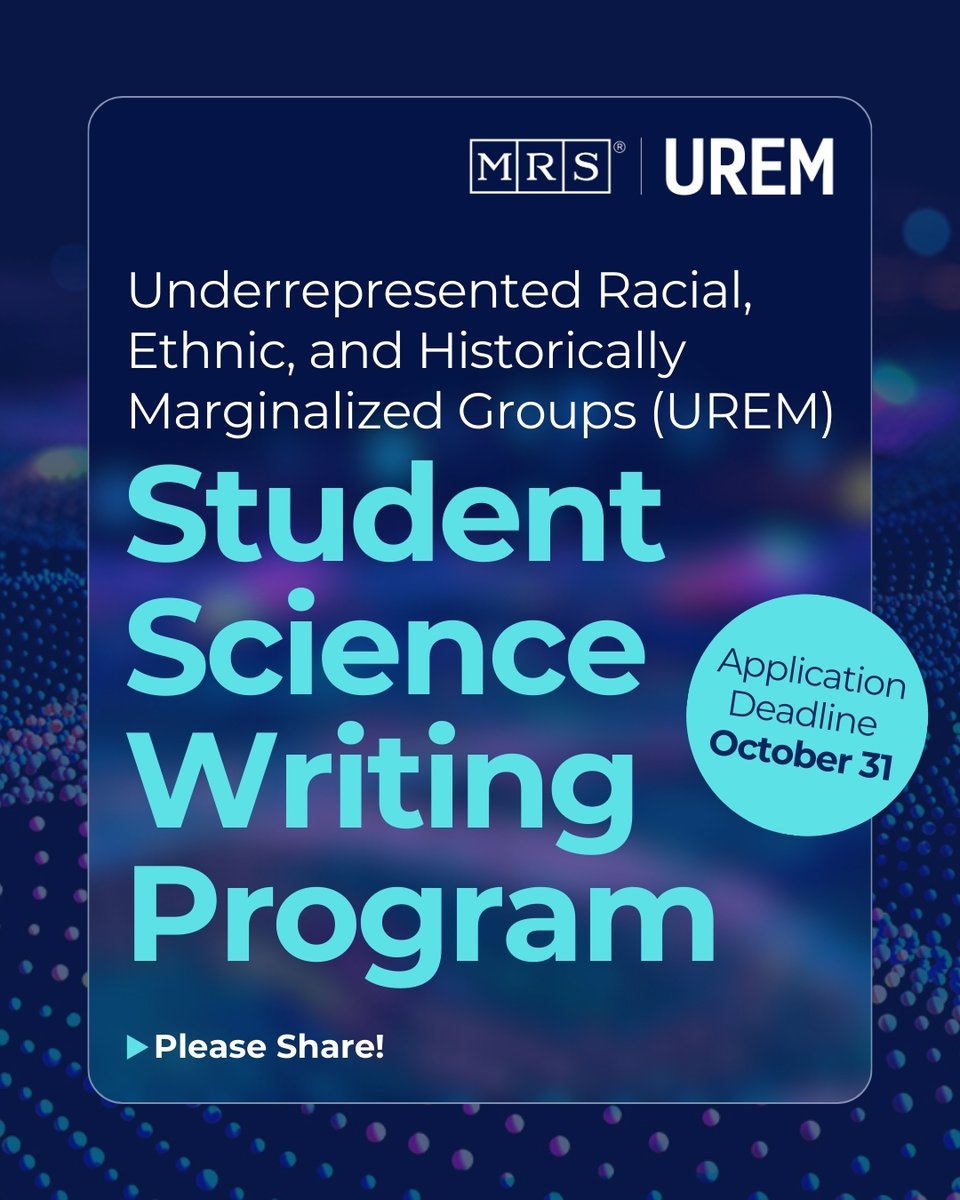Materials_MRS's tweet image. 𝙃𝙪𝙧𝙧𝙮! 📅𝗖𝗹𝗼𝘀𝗲𝘀 𝗡𝗲𝘅𝘁 𝗪𝗲𝗲𝗸! 👉 𝗔𝗽𝗽𝗹𝘆 𝗡𝗢𝗪 &amp;gt;&amp;gt; 𝗠𝗥𝗦.𝗼𝗿𝗴/𝗨𝗥𝗘𝗠
 Join a network of talented #sciencewriters committed to diversifying the conversation in materials science! #sciencewriting #PleaseShare #DEI #UREM #MRSProgram
